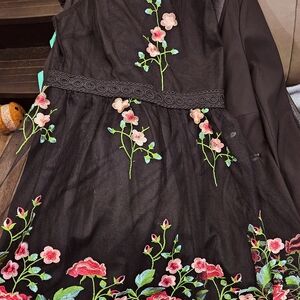 Floral Embroidered Black Kids Dress